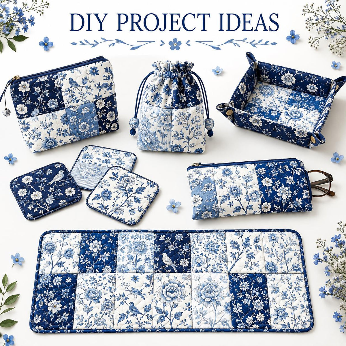 10Pc/Set Flower Blue Series Bird Leaves Fat Quarter Fabric, Pre-Cut Square Fabric Assort, Fabric Set, Craft Fabric, Handmade DIY Patchwork Fabric,Home Quilting Sewing Fabric, Packaging Fabric, Scrapbooking Craft Hobbyist