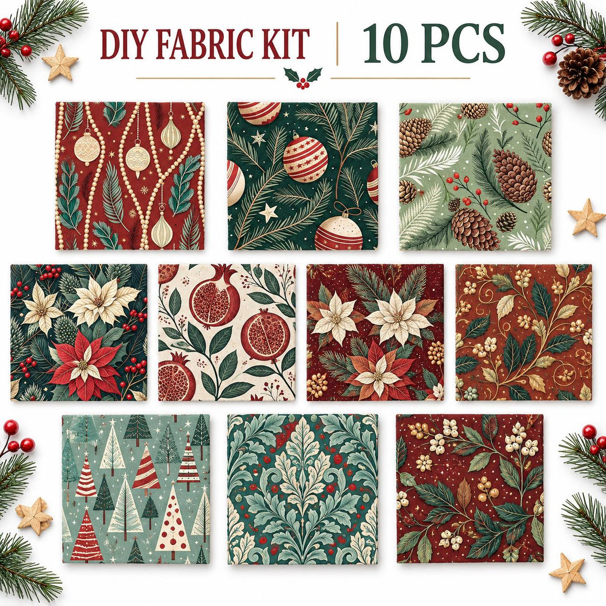 10Pc/Set Christmas Series Flower Tree Pinecones Star Fat Quarter Fabric, Pre-Cut Square Fabric Assort, Fabric Set, Craft Fabric, Handmade DIY Patchwork Fabric,Home Quilting Sewing Fabric, Packaging Fabric, Scrapbooking Craft Hobbyist