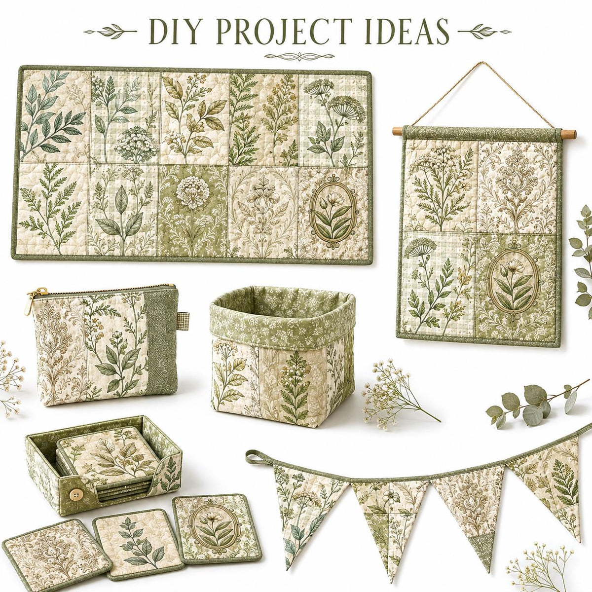 10pcs Charm Pack Set Green Floral Pattern 100% Polyester Patchwork in 10 Design Styles, Ready-to-Sew Without Cutting, Suitable For Patchwork Wallet Making Gift Giving Tote Bags Coasters DIY Craft Projects For Mother's Gift