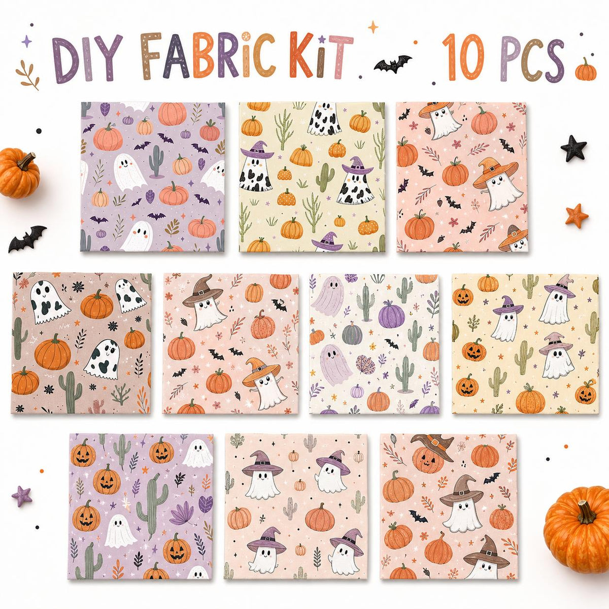 10Pc/Set Halloween Series Skull Pumpkin Cactus Bat Fat Quarter Fabric, Pre-Cut Square Fabric Assort, Fabric Set, Craft Fabric, Handmade DIY Patchwork Fabric,Home Quilting Sewing Fabric, Packaging Fabric, Scrapbooking Craft Hobbyist