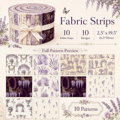 10pcs Vintage Lavender Floral Pattern Jelly Roll Fabric Strips 2.5X19.7inch Pre-Cut 100% Polyester For Patchwork Quilts, Table Runners, Placemats, Tote Bags, Storage Pouches, Makeup Bags, Coasters, Quilt Blocks & Binding