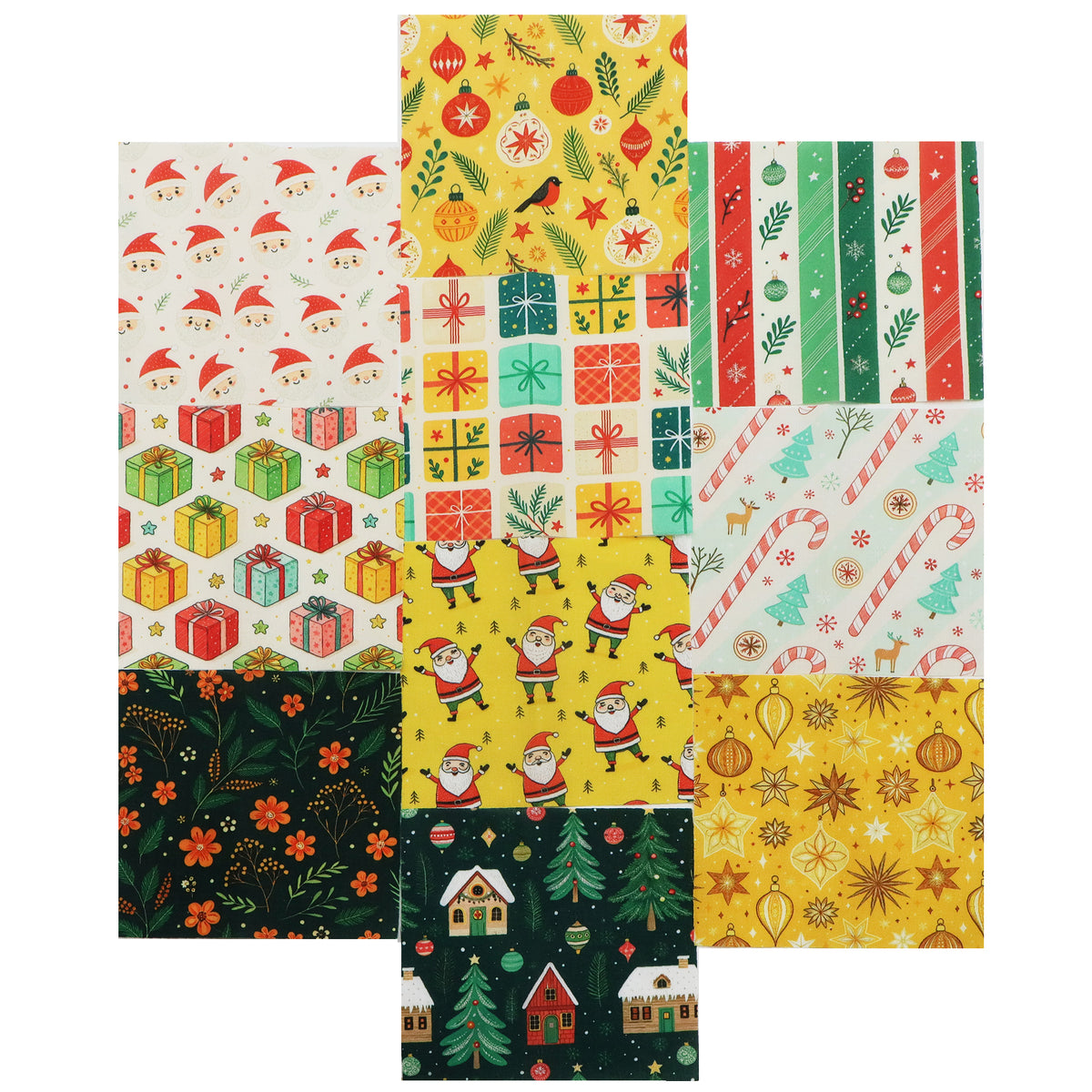 10Pc/Set Christmas Flower Deer Tree Santa Claus Crutch Series Fat Quarter Fabric, Pre-Cut Square Fabric Assort, Fabric Set, Craft Fabric, Handmade DIY Patchwork Fabric,Home Quilting Sewing Fabric, Packaging Fabric, Scrapbooking Craft Hobbyist