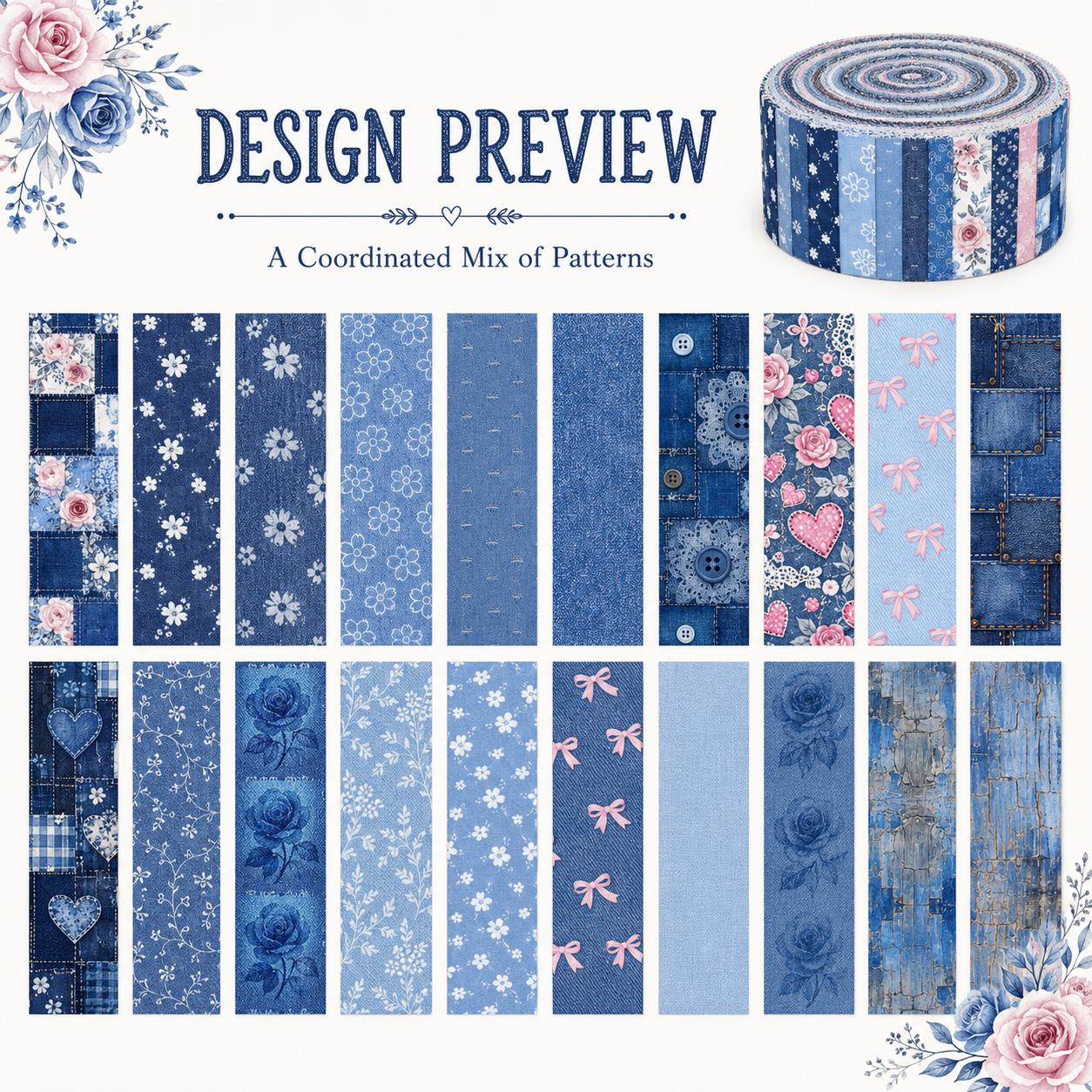 20pcs Vintage Denim Pattern Blue Series Jelly Roll Sliced Fabric Strips 2.5X19.7inch Pre-Cut Floral Bow Knot Printed Multi-Color 100% Polyester For DIY Handmade Patchwork, Table Runners, Placemats, Tote Bags, Storage Pouches, Makeup Bags, Coasters
