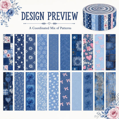 20pcs Vintage Denim Pattern Blue Series Jelly Roll Sliced Fabric Strips 2.5X19.7inch Pre-Cut Floral Bow Knot Printed Multi-Color 100% Polyester For DIY Handmade Patchwork, Table Runners, Placemats, Tote Bags, Storage Pouches, Makeup Bags, Coasters