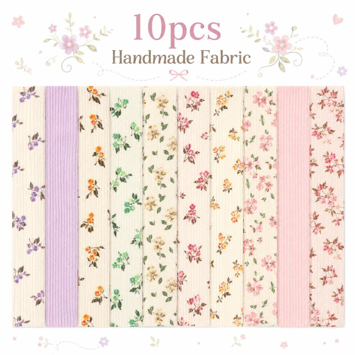 10pcs Vintage Floral Corduroy Fabric Jelly Roll Fabric Strips 2.5X19.7inch Pre-cut 100% Polyester for Patchwork Quilts, Table Runners, Placemats, Tote Bags, Storage Pouches, Makeup Bags, Coasters, Quilt Blocks & Binding Multi-color