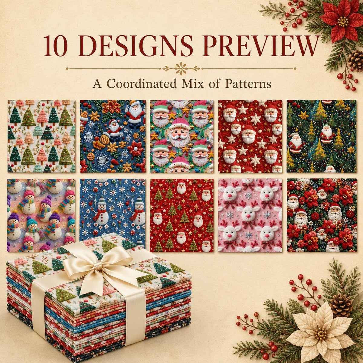 2D Flat 10Pc/Set Christmas Series Santa Claus Deer Holly Fat Quarter Fabric, Pre-Cut Square Fabric Assort, Fabric Set, Craft Fabric, Handmade DIY Patchwork Fabric,Home Quilting Sewing Fabric, Packaging Fabric, Scrapbooking Craft Hobbyist