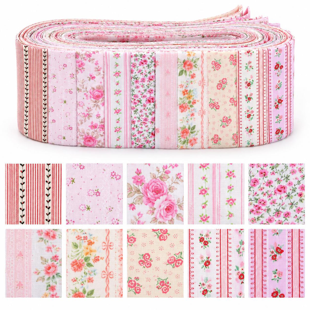 10pcs Vintage Floral Pink Pattern Jelly Roll Fabric Strips 2.5X19.7inch Pre-cut 100% Polyester for Patchwork Quilts, Table Runners, Placemats, Tote Bags, Storage Pouches, Makeup Bags, Coasters, Quilt Blocks & Binding Multi-color