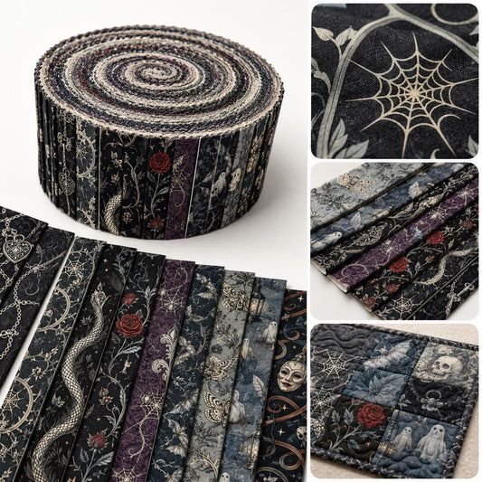 10pcs Vintage Skull Black Halloween Pattern Jelly Roll Fabric Strips 2.5X19.7inch Pre-Cut 100% Polyester For Patchwork Quilts, Table Runners, Placemats, Tote Bags, Storage Pouches, Makeup Bags, Coasters, Quilt Blocks & Binding