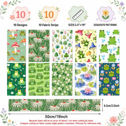 10Pc/Set, Making 10 Images 1pc Each, Each Size: 6.3*50cm Frog Animal Series Sliced Fabric Set Style Combination, Polyester Jelly Roll Fabric Strips, Pre-Cut Quilting Squares, For Quilting DIY, Handicrafts And Sewing, Blankets, Rugs, Interior Decoration, H