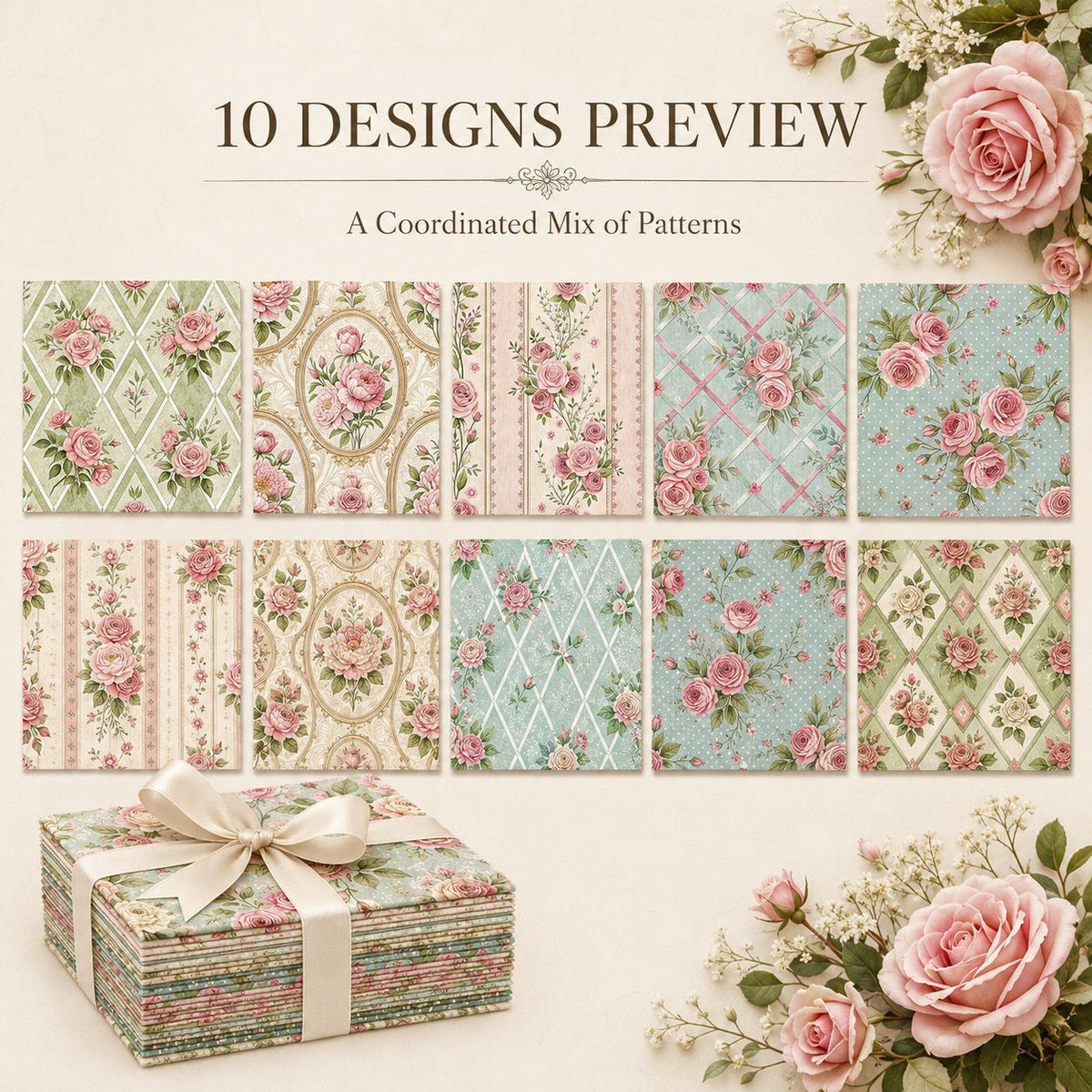 10pcs Charm Pack Set Floral Pattern Vintage Style Handmade DIY with Rich Color and Texture Elements 100% Polyester Patchwork in 10 Design Styles Suitable for Patchwork DIY Craft Projects DIY Wallet Making Gift Giving Bag Making Mother's Day Gift