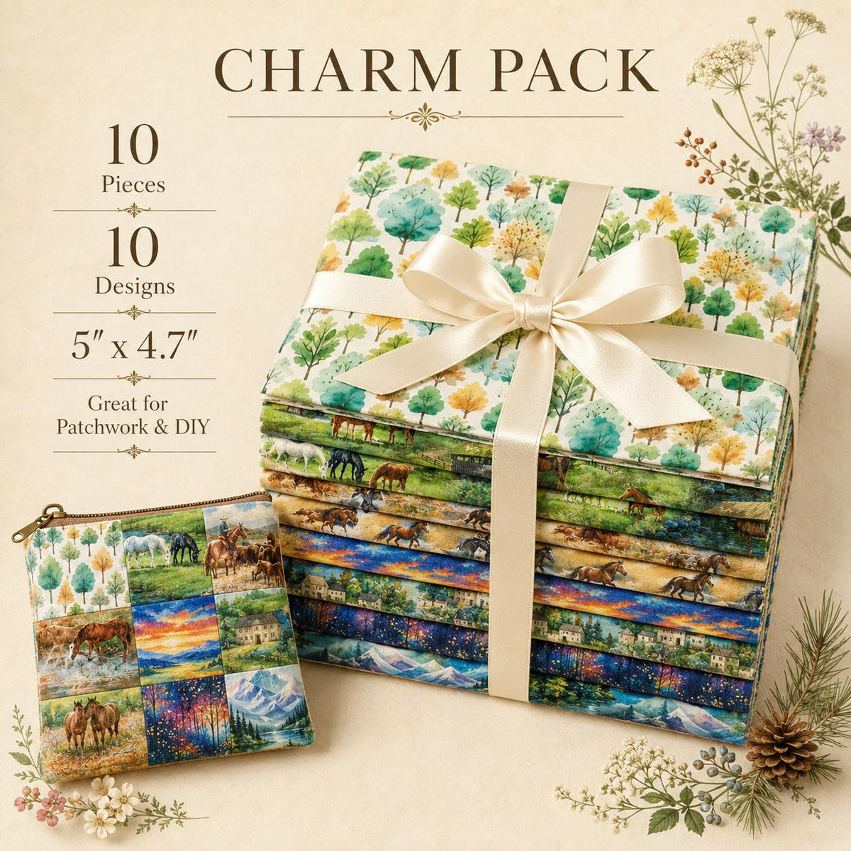 10Pc/Set Horse Series Mountain Tree Fat Quarter Fabric, Pre-Cut Square Fabric Assort, Fabric Set, Craft Fabric, Handmade DIY Patchwork Fabric,Home Quilting Sewing Fabric, Packaging Fabric, Scrapbooking Craft Hobbyist