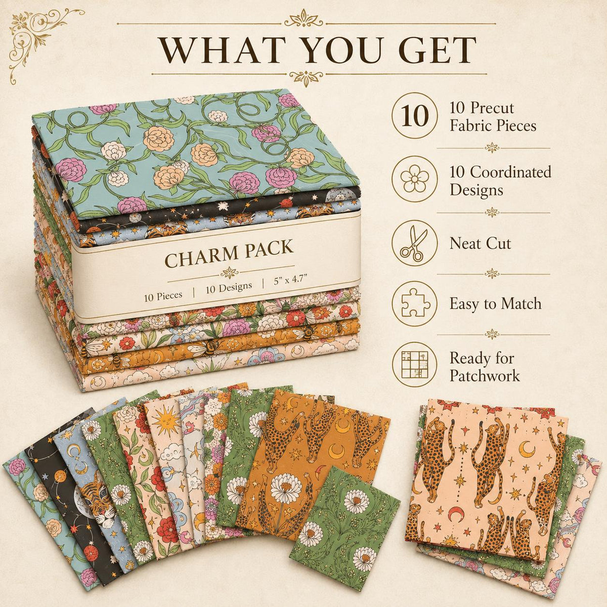 10pcs Charm Pack Set Floral Bee Pattern Vintage Style Handmade DIY with Rich Color and Texture Elements 100% Polyester Patchwork in 10 Design Styles Suitable for Patchwork DIY Craft Projects DIY Wallet Making Gift Giving Bag Making Mother's Day Gift