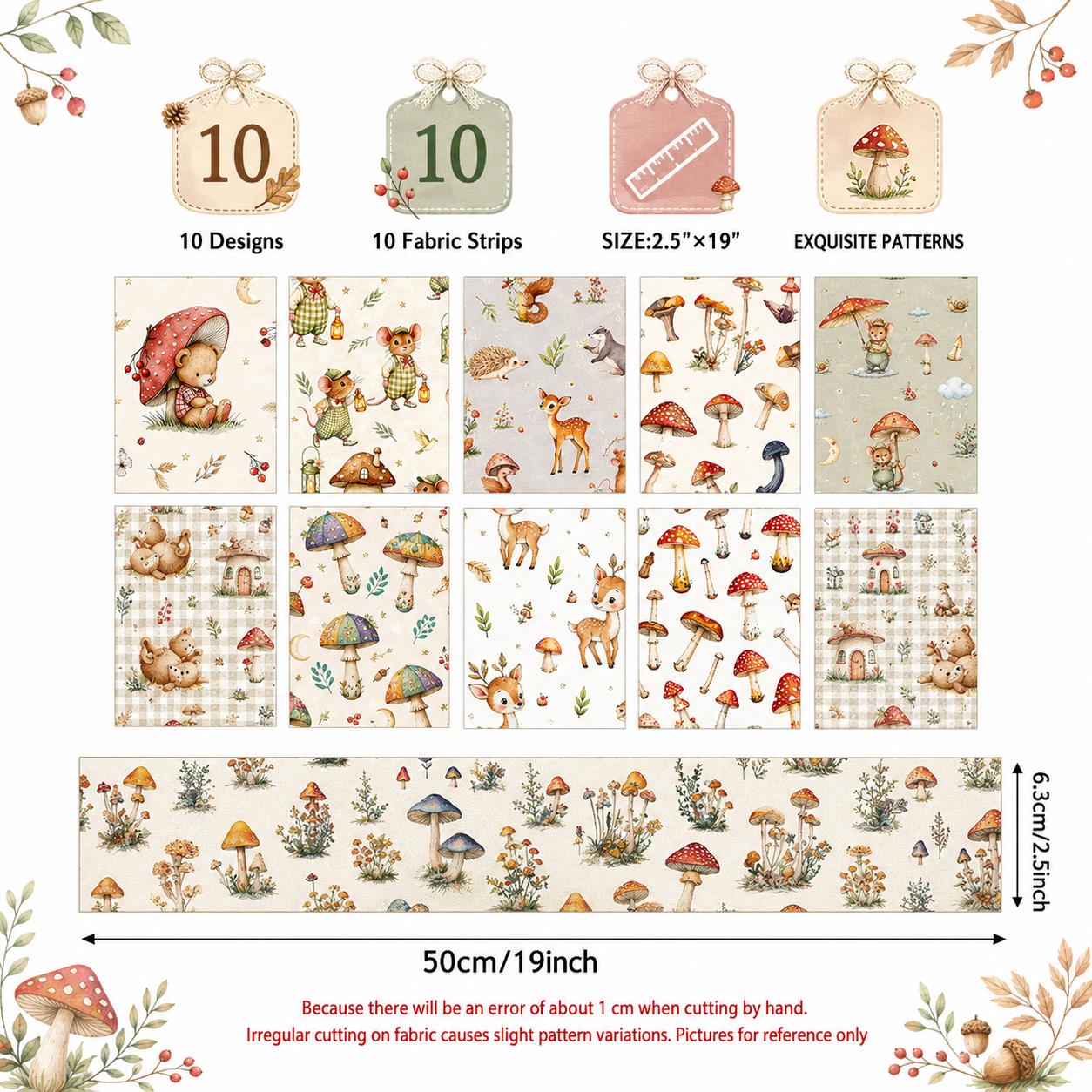 10Pc/Set, Making 10 Images 1pc Each, Each Size: 6.3*50cm Squirrel Mushroom Mouse Animal Series Sliced Fabric Set Style Combination, Polyester Jelly Roll Fabric Strips, Pre-Cut Quilting Squares, For Quilting DIY, Handicrafts And Sewing, Blankets, Rugs