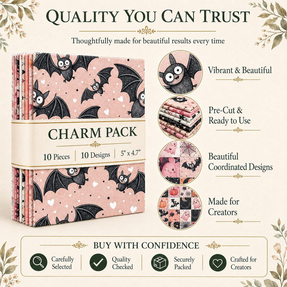 10pcs Charm Pack Set  Bat Ghost Skull Halloween Vintage Style Pattern Handmade DIY with Rich Color and Texture Elements 100% Polyester Patchwork in 10 Design Styles Suitable for Patchwork DIY Craft Projects DIY Wallet Making Gift Giving Bag Making
