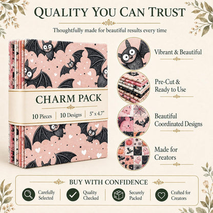 10pcs Charm Pack Set  Bat Ghost Skull Halloween Vintage Style Pattern Handmade DIY with Rich Color and Texture Elements 100% Polyester Patchwork in 10 Design Styles Suitable for Patchwork DIY Craft Projects DIY Wallet Making Gift Giving Bag Making