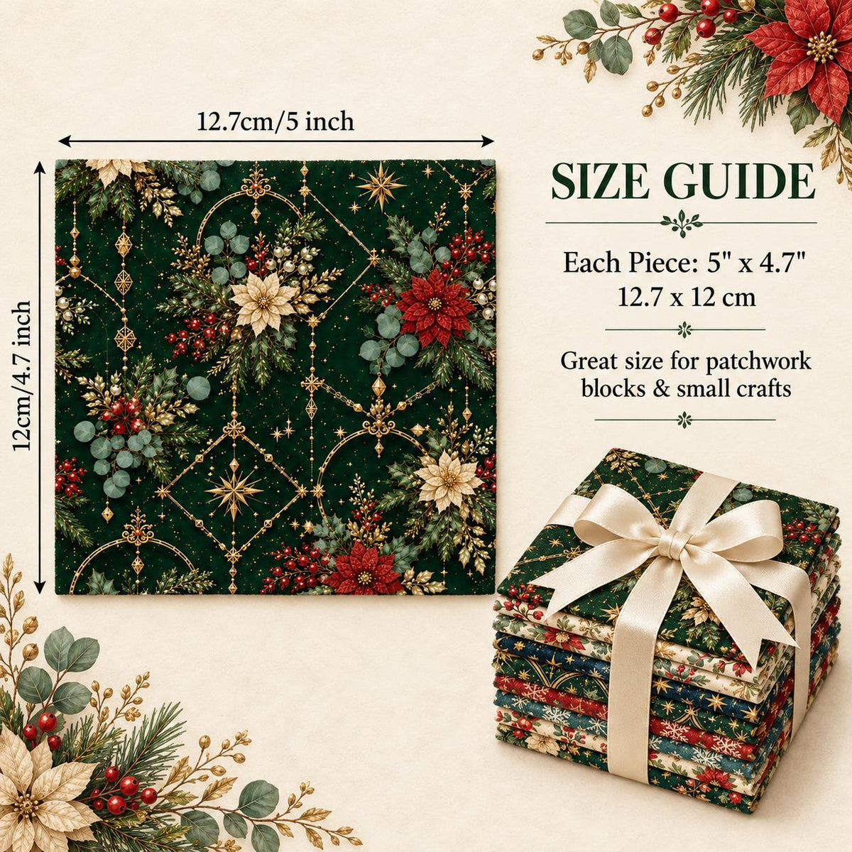 10Pc/Set Christmas Flower Series Star Holly Pinecones  Fat Quarter Fabric, Pre-Cut Square Fabric Assort, Fabric Set, Craft Fabric, Handmade DIY Patchwork Fabric,Home Quilting Sewing Fabric, Packaging Fabric, Scrapbooking Craft Hobbyist