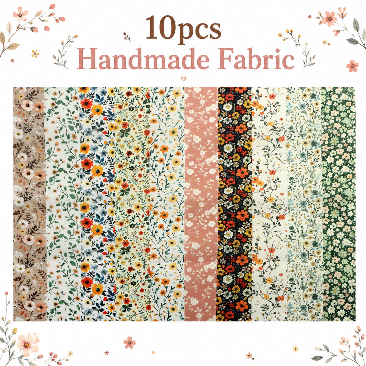 10pcs Vintage Floral Pattern Jelly Roll Fabric Strips 2.5X19.7inch Pre-Cut 100% Polyester For Patchwork Quilts, Table Runners, Placemats, Tote Bags, Storage Pouches, Makeup Bags, Coasters, Quilt Blocks & Binding