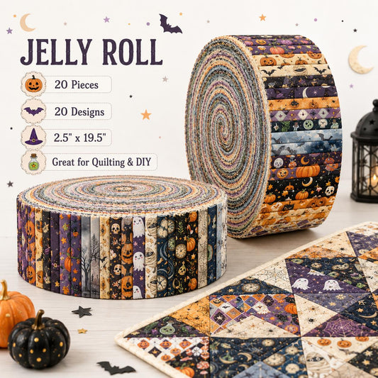 20pcs/set Vintage Pumpkin Ghost Halloween Pattern Jelly Roll Fabric Strips 2.5X19.7inch Pre-Cut 100% Polyester For Patchwork Quilts, Table Runners, Placemats, Tote Bags, Storage Pouches, Makeup Bags, Coasters, Quilt Blocks & Binding