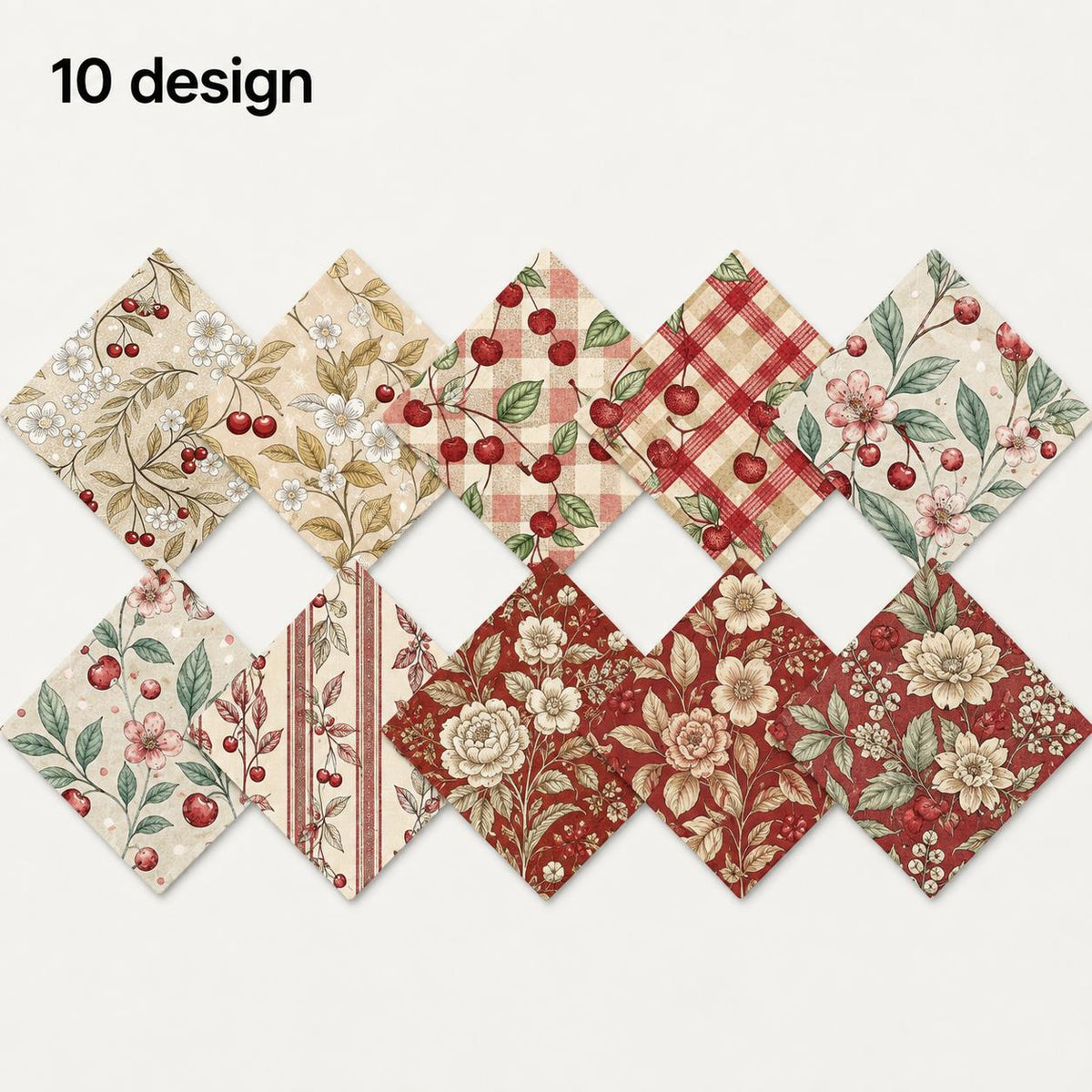 10Pc/Set Cherry Series Flower Stripe Plaid Fat Quarter Fabric, Pre-Cut Square Fabric Assort, Fabric Set, Craft Fabric, Handmade DIY Patchwork Fabric,Home Quilting Sewing Fabric, Packaging Fabric, Scrapbooking Craft Hobbyist