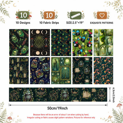 10pcs Vintage Wishing Bottle Skull Dark Pattern Jelly Roll Fabric Strips 2.5X19.7inch Pre-cut 100% Polyester for Patchwork Quilts, Table Runners, Placemats, Tote Bags, Storage Pouches, Makeup Bags, Coasters, Quilt Blocks & Binding Halloween Gift