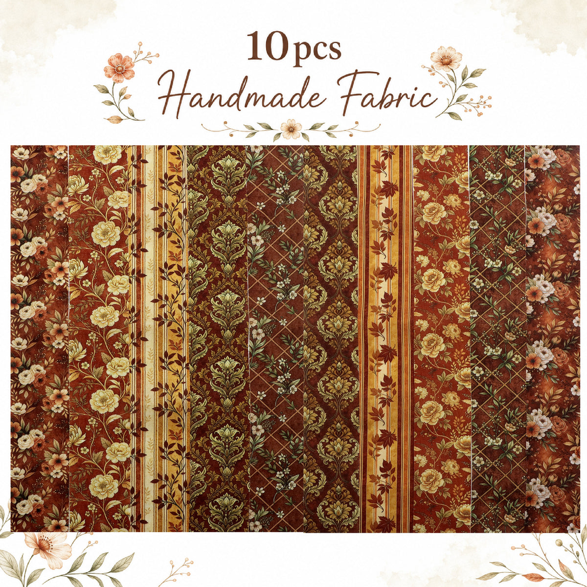 10pcs Vintage Autumn Floral Pattern Jelly Roll Fabric Strips 2.5X19.7inch Pre-Cut 100% Polyester For Patchwork Quilts, Table Runners, Placemats, Tote Bags, Storage Pouches, Makeup Bags, Coasters, Quilt Blocks & Binding