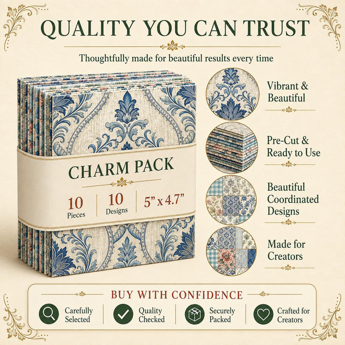 10pcs Charm Pack Set Floral Pattern Vintage Style Handmade DIY with Rich Color and Texture Elements 100% Polyester Patchwork in 10 Design Styles Suitable for Patchwork DIY Craft Projects DIY Wallet Making Gift Giving Bag Making Mother's Day Gift