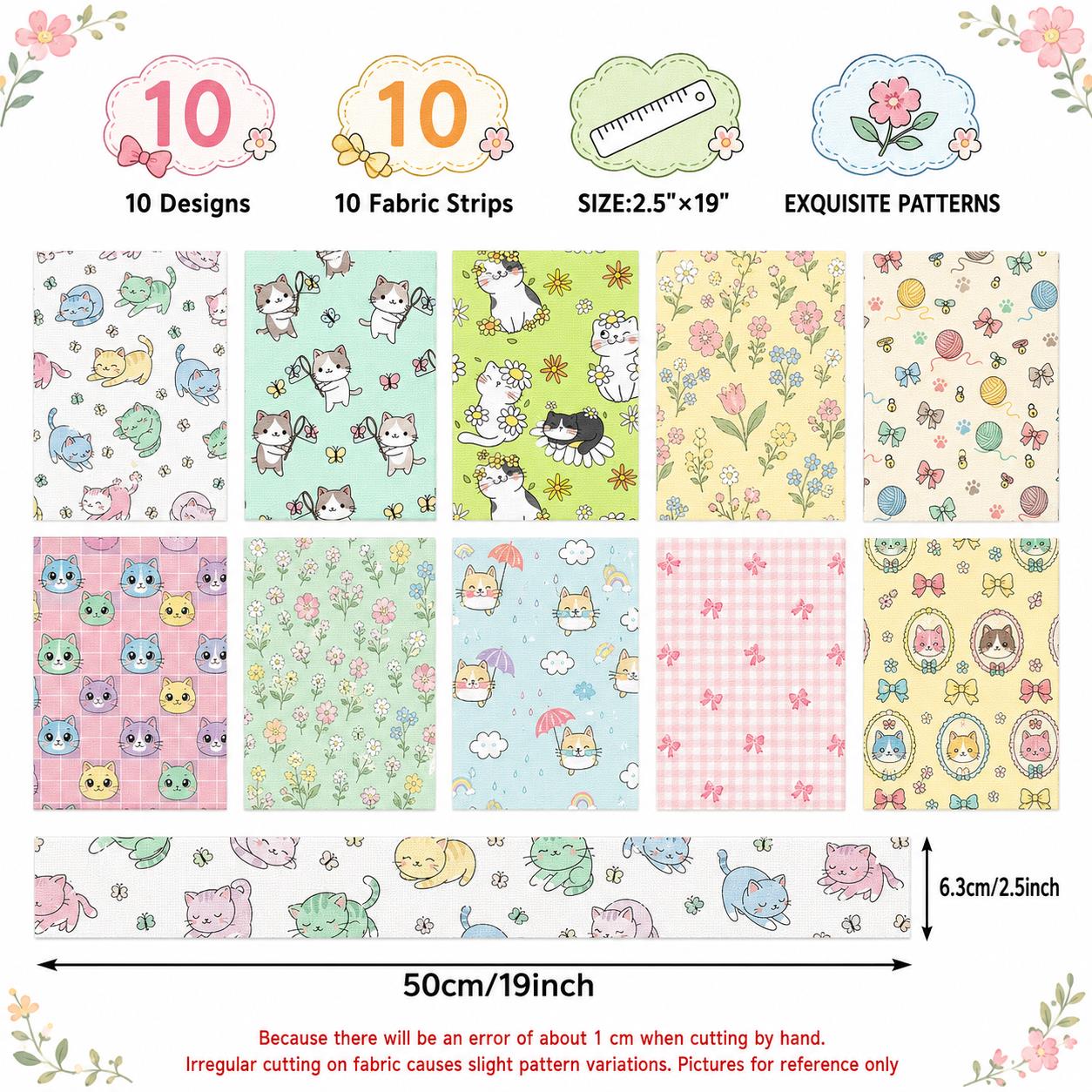 10pcs Vintage Floral Cat Pattern Jelly Roll Fabric Strips 2.5X19.7inch Pre-Cut 100% Polyester For Patchwork Quilts, Table Runners, Placemats, Tote Bags, Storage Pouches, Makeup Bags, Coasters, Quilt Blocks & Binding