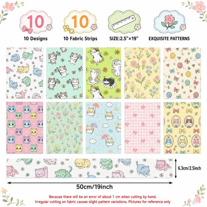 10pcs Vintage Floral Cat Pattern Jelly Roll Fabric Strips 2.5X19.7inch Pre-Cut 100% Polyester For Patchwork Quilts, Table Runners, Placemats, Tote Bags, Storage Pouches, Makeup Bags, Coasters, Quilt Blocks & Binding