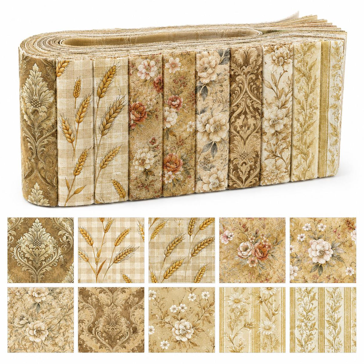 10pcs Vintage Floral Ear Of Wheat Autumn Pattern Jelly Roll Fabric Strips 2.5X19.7inch Pre-Cut 100% Polyester For Patchwork Quilts, Table Runners, Placemats, Tote Bags, Storage Pouches, Makeup Bags, Coasters, Quilt Blocks & Binding