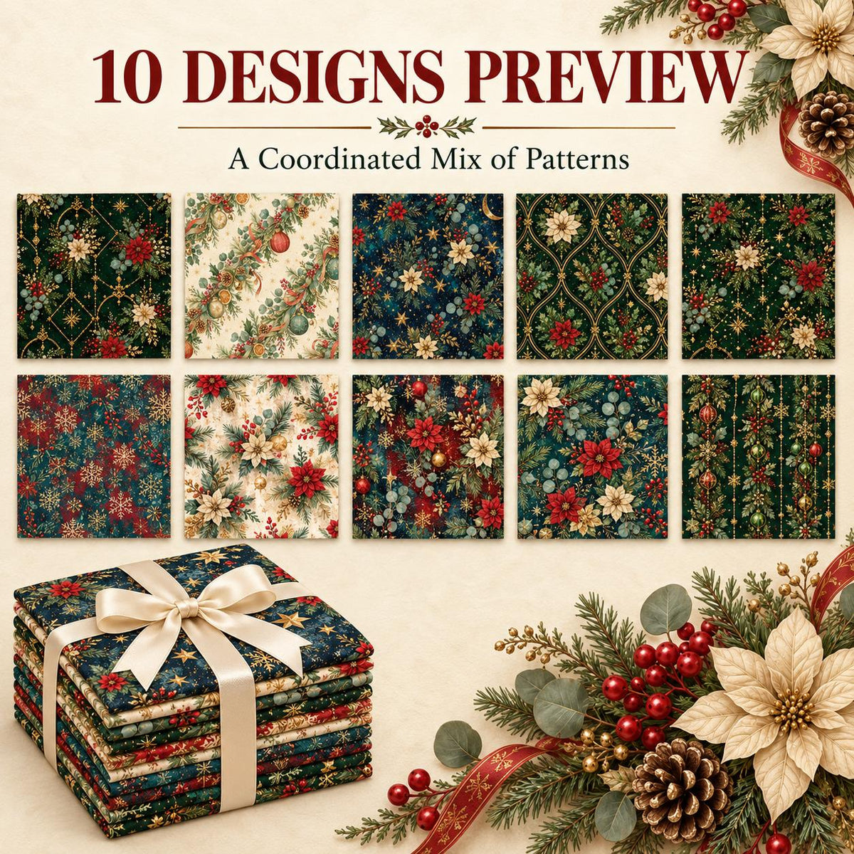 10Pc/Set Christmas Flower Series Star Holly Pinecones  Fat Quarter Fabric, Pre-Cut Square Fabric Assort, Fabric Set, Craft Fabric, Handmade DIY Patchwork Fabric,Home Quilting Sewing Fabric, Packaging Fabric, Scrapbooking Craft Hobbyist