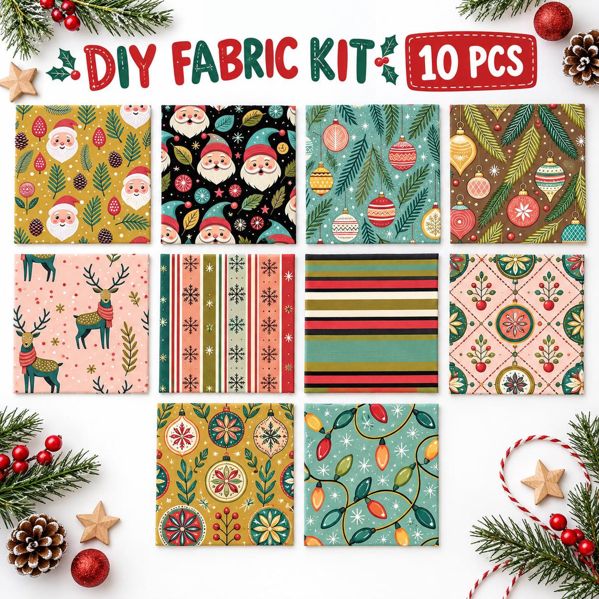 10Pc/Set Christmas Series Stripe Deer Santa Claus Tree Pinecones Fat Quarter Fabric, Pre-Cut Square Fabric Assort, Fabric Set, Craft Fabric, Handmade DIY Patchwork Fabric,Home Quilting Sewing Fabric, Packaging Fabric, Scrapbooking Craft Hobbyist