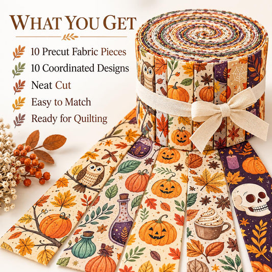 10pcs Vintage Pumpkin Owl Spider Autumn Halloween Theme Jelly Roll Fabric Strips 2.5X19.7inch Pre-Cut 100% Polyester For Patchwork Quilts, Table Runners, Placemats, Tote Bags, Storage Pouches, Makeup Bags, Coasters, Quilt Blocks & Binding