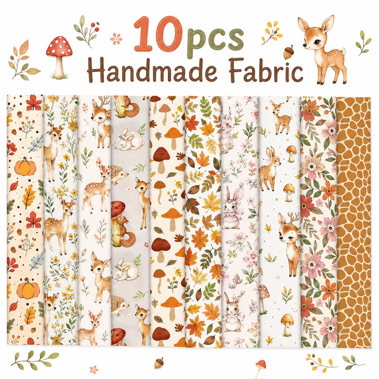 10pcs Vintage Mushroom Deer Autumn Pattern Jelly Roll Fabric Strips 2.5X19.7inch Pre-cut 100% Polyester for Patchwork Quilts, Table Runners, Placemats, Tote Bags, Storage Pouches, Makeup Bags, Coasters, Quilt Blocks & Binding