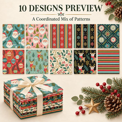 10Pc/Set Christmas Series Flower Stripe Plaid Deer Santa Claus Holly Pinecones Fat Quarter Fabric, Pre-Cut Square Fabric Assort, Fabric Set, Craft Fabric, Handmade DIY Patchwork Fabric,Home Quilting Sewing Fabric, Packaging Fabric, Scrapbooking Craft Hobb