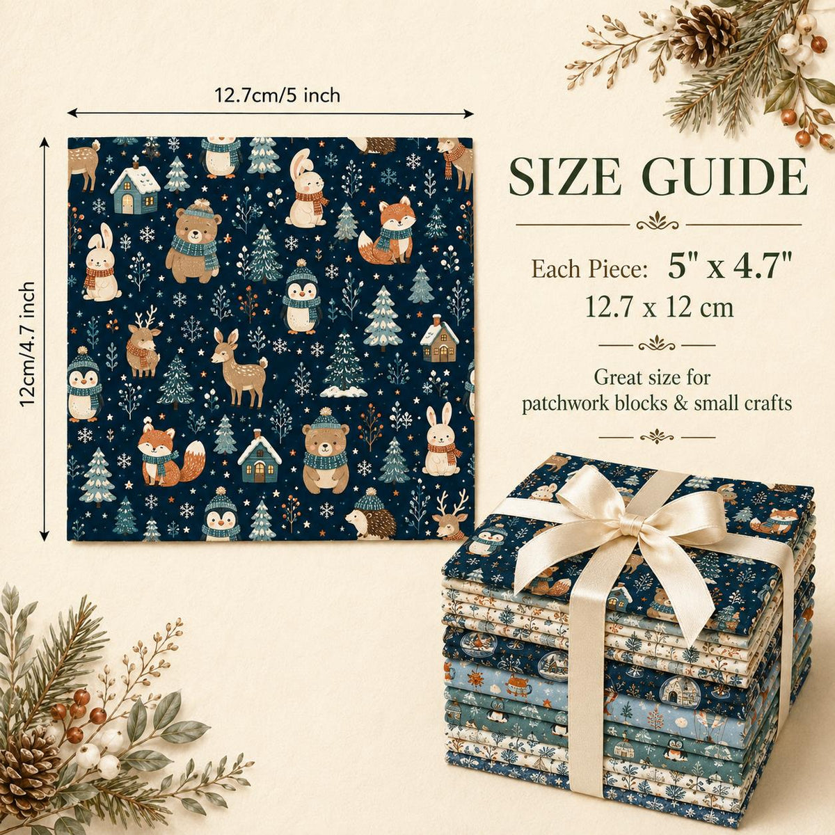10Pc/Set Christmas Series Heart Star Rabbit Deer Fox Penguin Bear Holly Pinecones Seal Fire Balloon Fat Quarter Fabric, Pre-Cut Square Fabric Assort, Fabric Set, Craft Fabric, Handmade DIY Patchwork Fabric,Home Quilting Sewing Fabric, Packaging Fabric, Sc