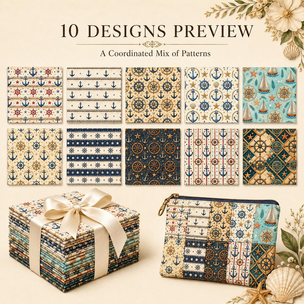 10pcs Charm Pack Set Anchor Pattern 100% Polyester Patchwork in 10 Design Styles, Ready-to-Sew Without Cutting, Suitable For Patchwork Wallet Making Gift Giving Tote Bags Coasters DIY Craft Projects