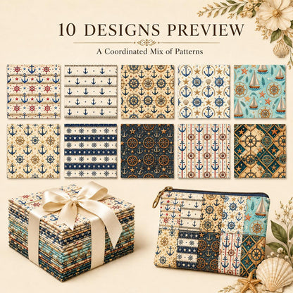 10pcs Charm Pack Set Anchor Pattern 100% Polyester Patchwork in 10 Design Styles, Ready-to-Sew Without Cutting, Suitable For Patchwork Wallet Making Gift Giving Tote Bags Coasters DIY Craft Projects