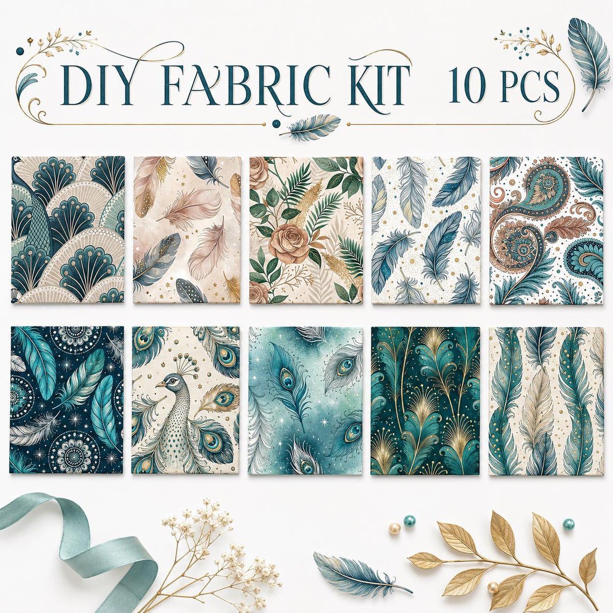 10pcs Charm Pack Set Peacock Feathers VIntage Style Pattern HAndmade DIY With Rich Color and Texture Elements 100% Polyester Patchwork in 10 Design Styles Suitable For Patchwork DIY Craft Projects DIY Wallet Making Gift Giving Bag Making Mother's Day Gift