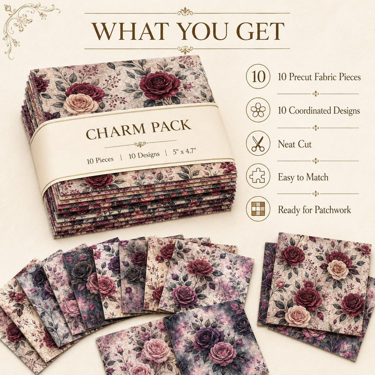 10pcs Charm Pack Set Floral Vintage Style Pattern Handmade DIY with Rich Color and Texture Elements 100% Polyester Patchwork in 10 Design Styles Suitable for Patchwork DIY Craft Projects DIY Wallet Making Gift Giving Bag Making Mother's Day Gift