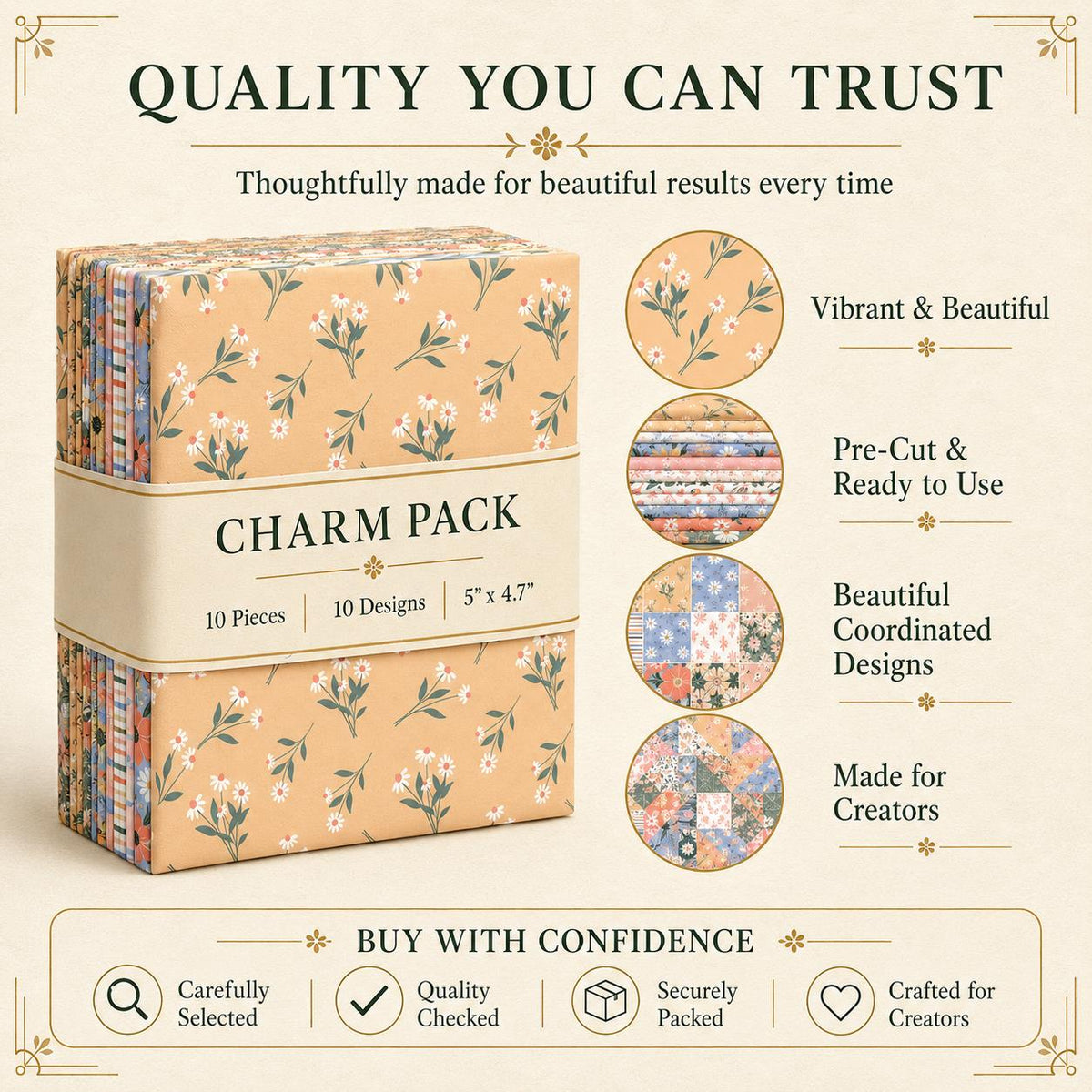 10pcs Charm Pack Set Floral Pattern Vintage Style Handmade DIY with Rich Color and Texture Elements 100% Polyester Patchwork in 10 Design Styles Suitable for Patchwork DIY Craft Projects DIY Wallet Making Gift Giving Bag Making Mother's Day Gift