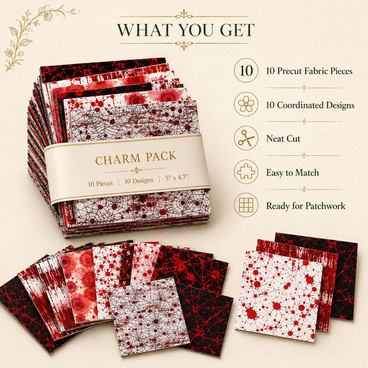 10pcs Charm Pack Set Blood Halloween Pattern Vintage Style Handmade DIY with Rich Color and Texture Elements 100% Polyester Patchwork in 10 Design Styles Suitable for Patchwork DIY Craft Projects DIY Wallet Making Gift Giving Bag Making Mother's Day Gift