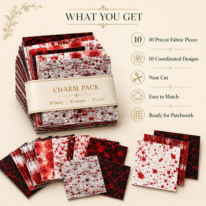 10pcs Charm Pack Set Blood Halloween Pattern Vintage Style Handmade DIY with Rich Color and Texture Elements 100% Polyester Patchwork in 10 Design Styles Suitable for Patchwork DIY Craft Projects DIY Wallet Making Gift Giving Bag Making Mother's Day Gift