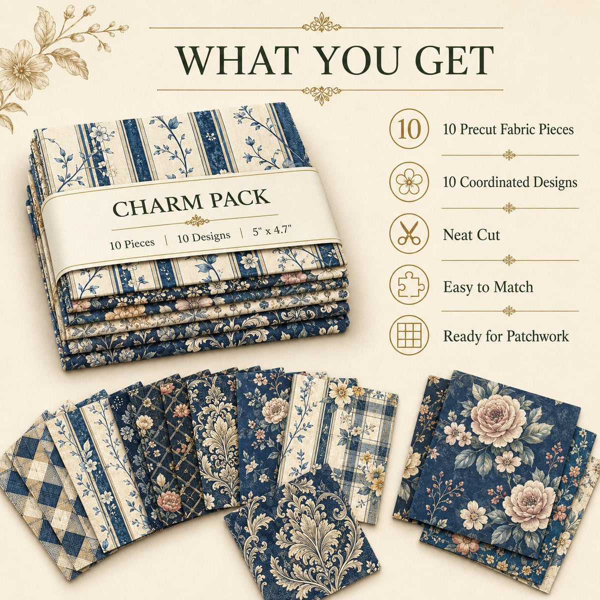 10pcs Charm Pack Set Floral Plaid Pattern Vintage Style Pattern Handmade DIY with Rich Color and Texture Elements 100% Polyester Patchwork in 10 Design Styles Suitable for Patchwork DIY Craft Projects DIY Wallet Making Gift Giving Bag Making