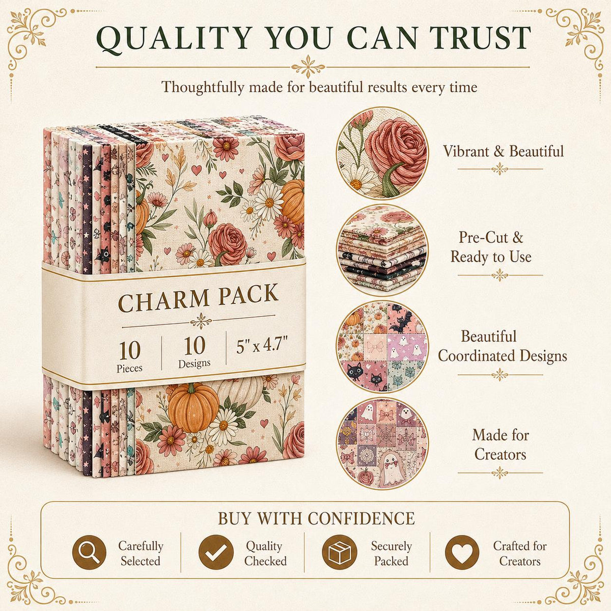 10pcs Charm Pack Set  Bat Ghost Halloween Vintage Style Pattern Handmade DIY with Rich Color and Texture Elements 100% Polyester Patchwork in 10 Design Styles Suitable for Patchwork DIY Craft Projects DIY Wallet Making Gift Giving Bag Making