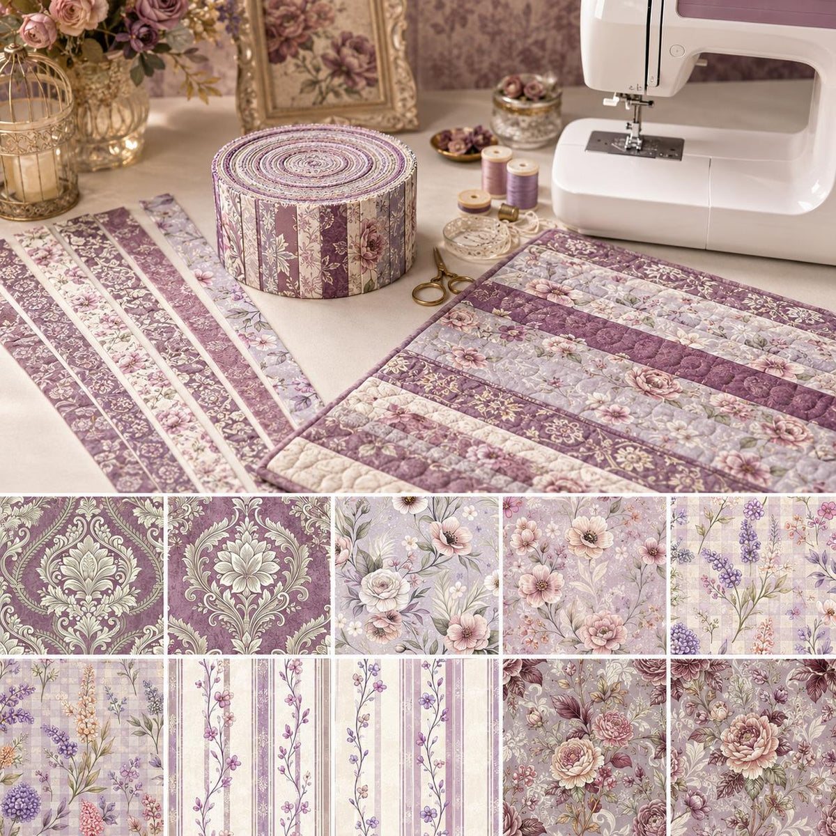 10pcs Vintage Floral Burgundy Pattern Jelly Roll Fabric Strips 2.5X19.7inch Pre-Cut 100% Polyester For Patchwork Quilts, Table Runners, Placemats, Tote Bags, Storage Pouches, Makeup Bags, Coasters, Quilt Blocks & Binding