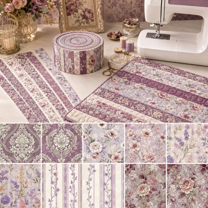 10pcs Vintage Floral Burgundy Pattern Jelly Roll Fabric Strips 2.5X19.7inch Pre-Cut 100% Polyester For Patchwork Quilts, Table Runners, Placemats, Tote Bags, Storage Pouches, Makeup Bags, Coasters, Quilt Blocks & Binding