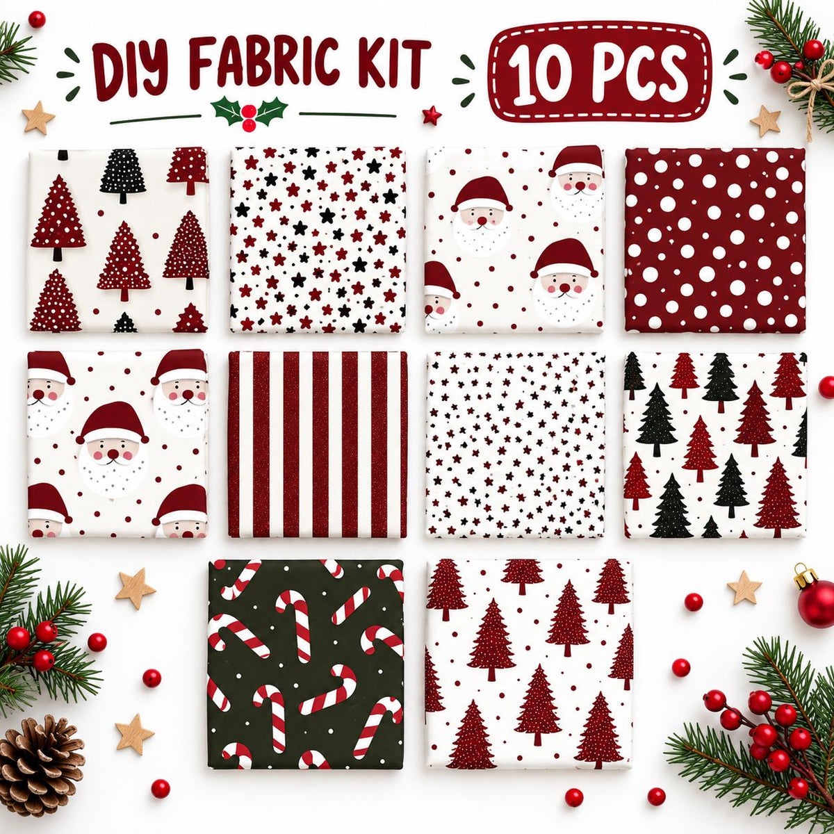 10Pc/Set Christmas Series Star Tree Stripe Dot Crutch Fat Quarter Fabric, Pre-Cut Square Fabric Assort, Fabric Set, Craft Fabric, Handmade DIY Patchwork Fabric,Home Quilting Sewing Fabric, Packaging Fabric, Scrapbooking Craft Hobbyist