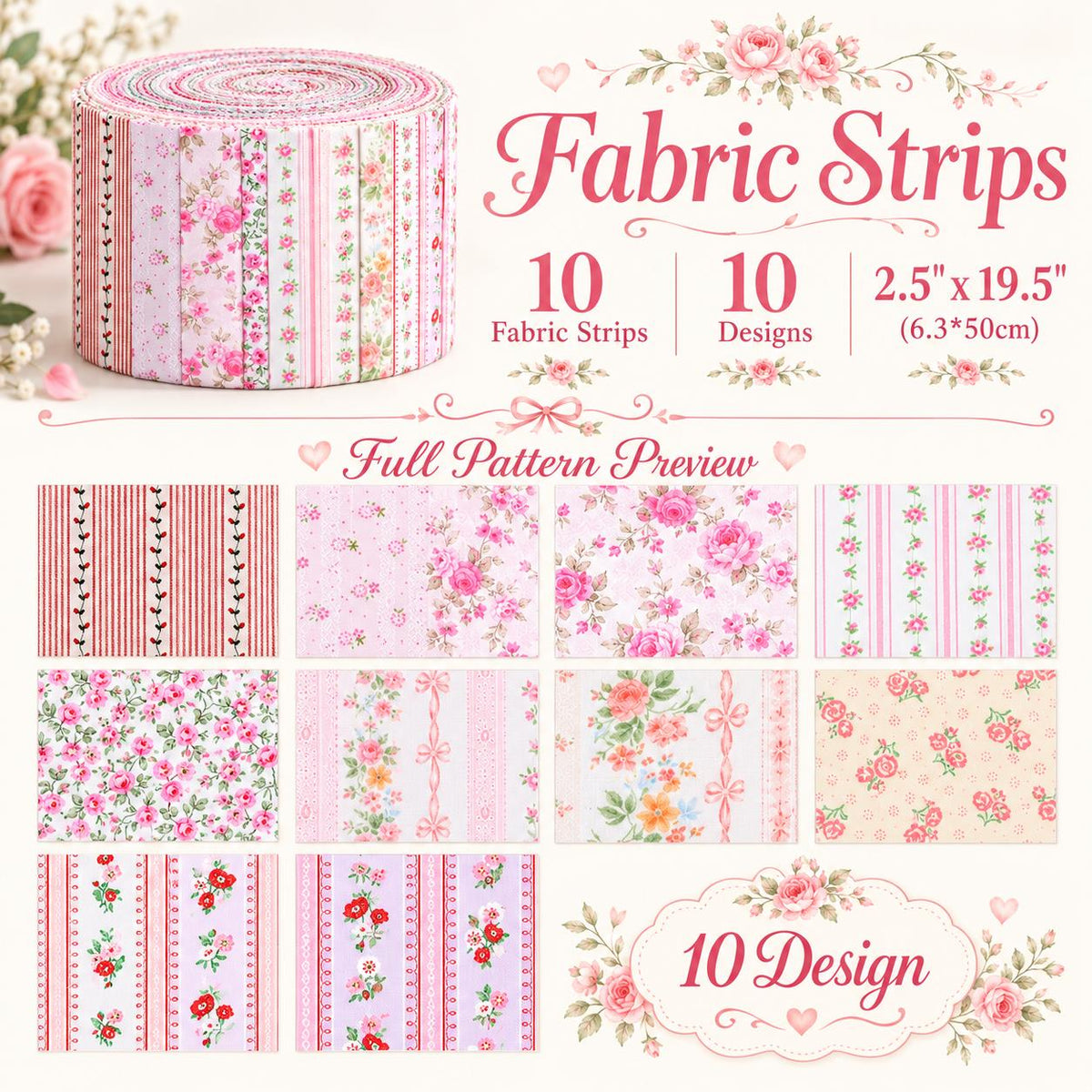 10pcs Vintage Floral Pink Pattern Jelly Roll Fabric Strips 2.5X19.7inch Pre-cut 100% Polyester for Patchwork Quilts, Table Runners, Placemats, Tote Bags, Storage Pouches, Makeup Bags, Coasters, Quilt Blocks & Binding Multi-color