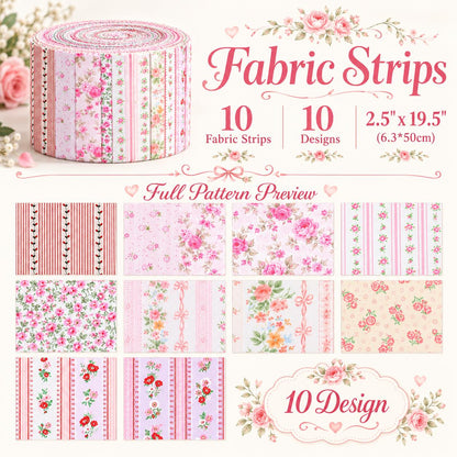 10pcs Vintage Floral Pink Pattern Jelly Roll Fabric Strips 2.5X19.7inch Pre-cut 100% Polyester for Patchwork Quilts, Table Runners, Placemats, Tote Bags, Storage Pouches, Makeup Bags, Coasters, Quilt Blocks & Binding Multi-color