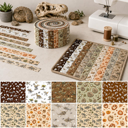 10pcs Vintage Bones Dinosaurs Theme Jelly Roll Fabric Strips 2.5X19.7inch Pre-Cut 100% Polyester For Patchwork Quilts, Table Runners, Placemats, Tote Bags, Storage Pouches, Makeup Bags, Coasters, Quilt Blocks & Binding